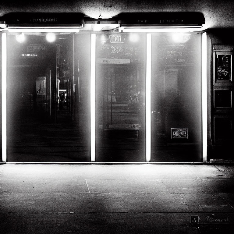 Monochrome night scene of a brightly lit storefront with misty ambiance