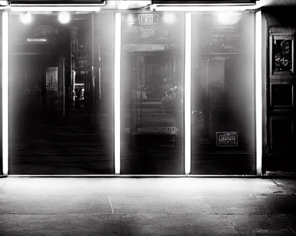 Monochrome night scene of a brightly lit storefront with misty ambiance