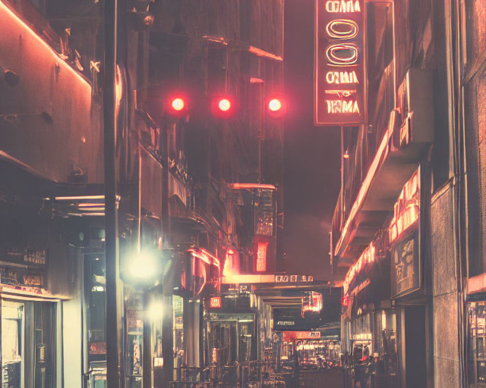 Vintage-toned alley with neon signs and glowing street lamps at night