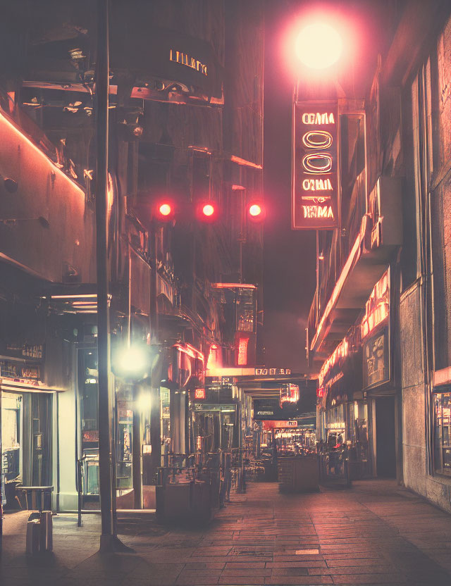 Vintage-toned alley with neon signs and glowing street lamps at night