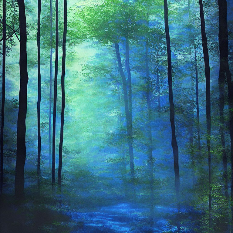 Enchanting image of mystical forest with tall trees and blue-green haze