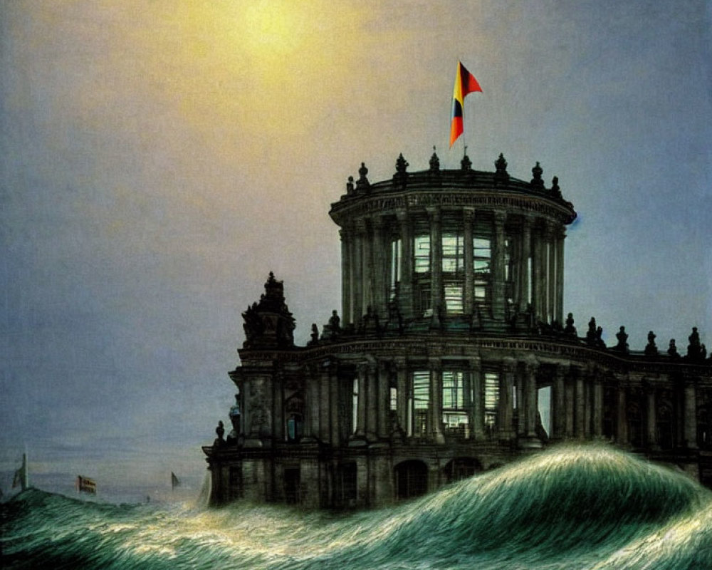 Neoclassical building with dome and flag on stormy ocean waves