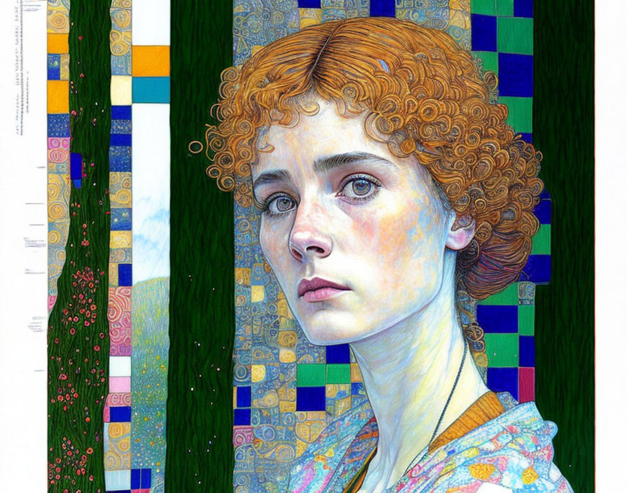 Detailed portrait of young woman with curly red hair and blue eyes in intricate mosaic setting with green vertical elements