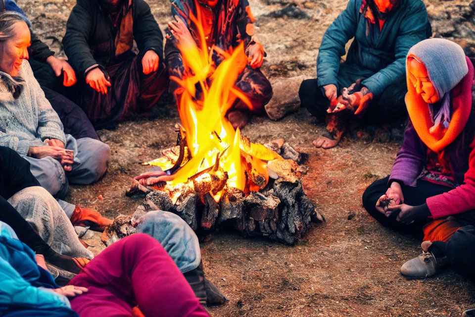 Group of People in Warm Clothing Around Campfire at Twilight