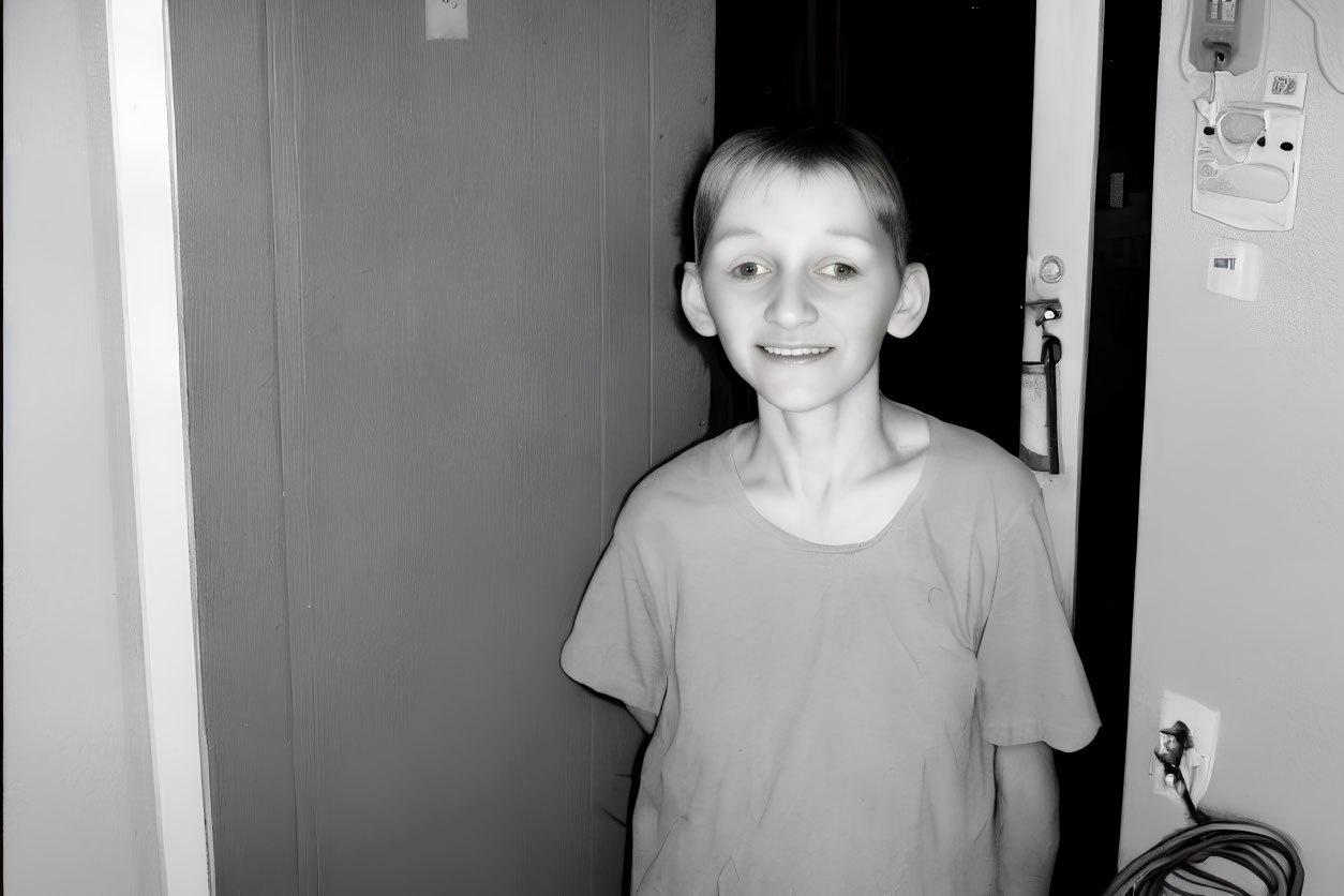 Young person in t-shirt smiles in doorway with bright light casting shadow.