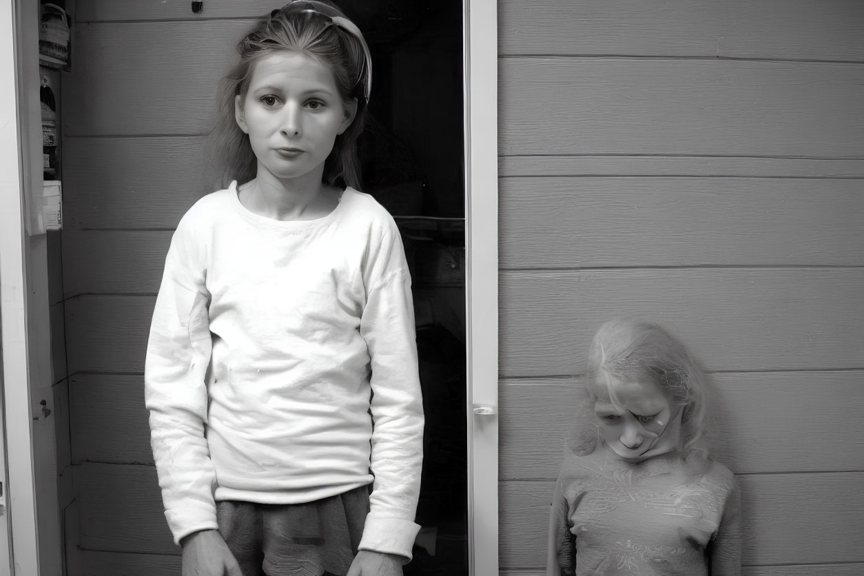 Monochrome photo of two young girls against wooden backdrop