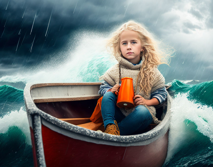 Blonde Child in Small Boat on Stormy Seas with Orange Mug