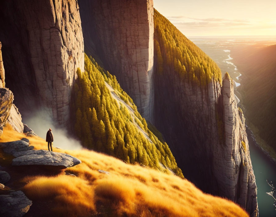 Person on Cliff Edge Overlooking River Valley at Sunrise