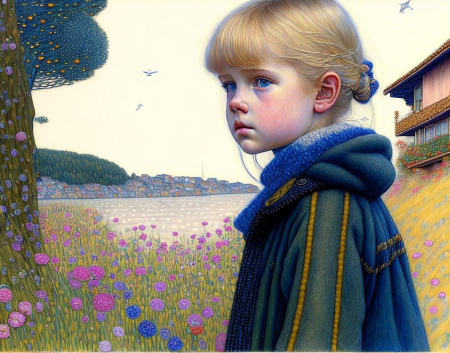 Blond-Haired Child in Meadow with Colorful Backdrop