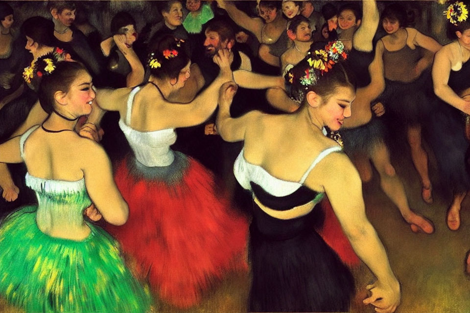 Vibrant painting of young dancers in colorful tutus with dim background audience