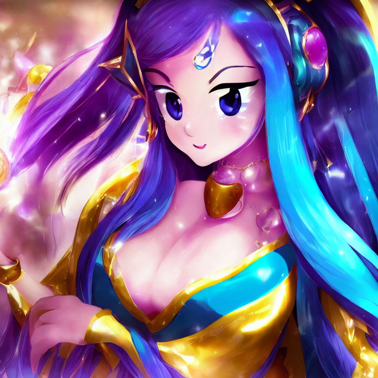 Illustration of Female Character with Blue Hair and Golden Jewelry