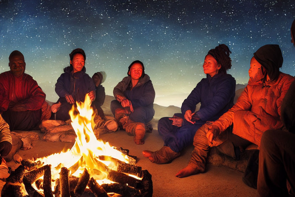 Group of People Sitting Around Campfire Under Starry Sky