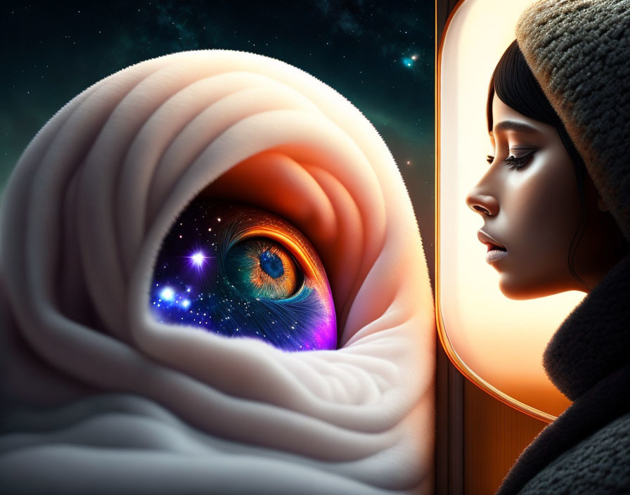 Surreal image: Woman looking at cosmic spiral eye with stars.