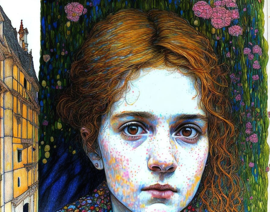 Young girl with red curly hair and freckles in whimsical setting.