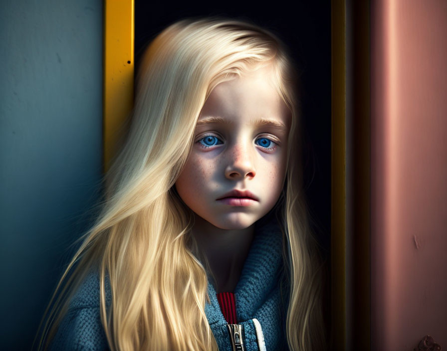 Blonde girl with blue eyes gazes out window in warm light