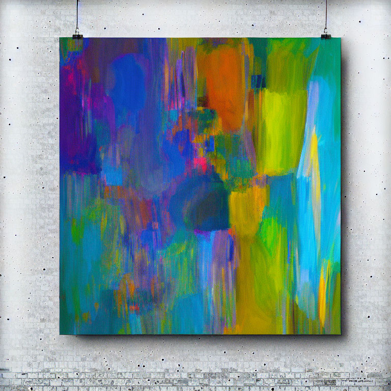 Vibrant abstract painting with blue, green, purple, and orange hues on white brick wall