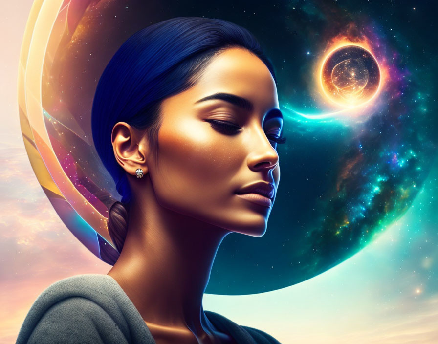 Profile of a woman with cosmic elements in serene digital art