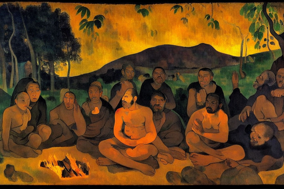 Diverse group by fire under trees in post-impressionist style