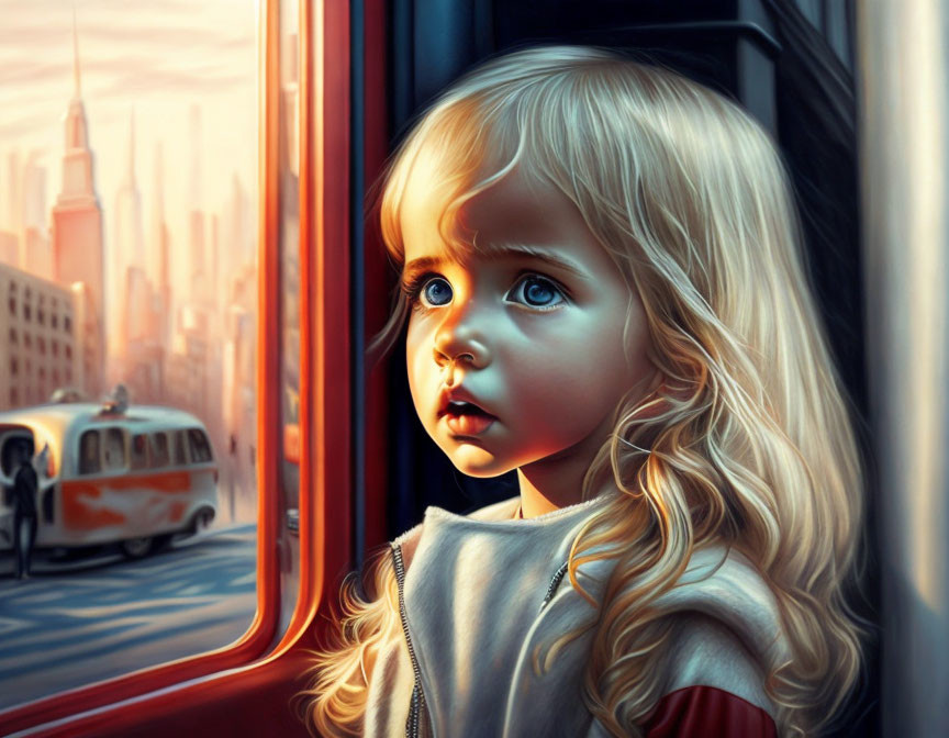 Blonde Child Looking at Cityscape from Train Window at Sunset