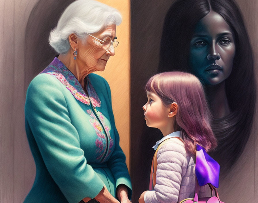 Elderly woman talking to young girl with spectral figure.