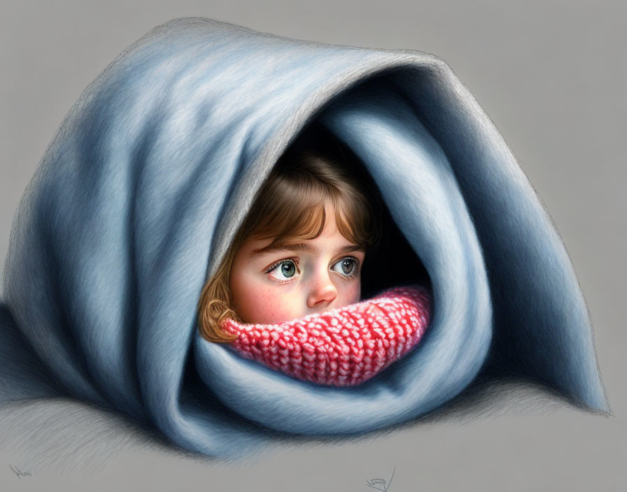 Young girl under blue blanket with pink scarf peeking out - digital painting