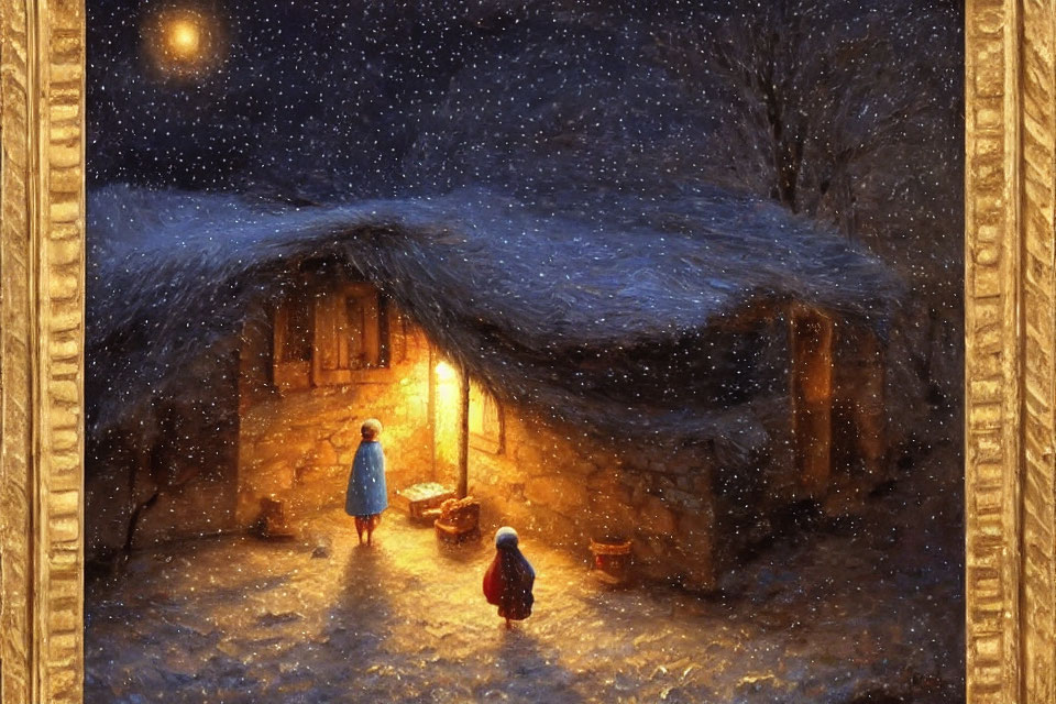 Winter scene: Children at cottage under starry sky in ornate frame