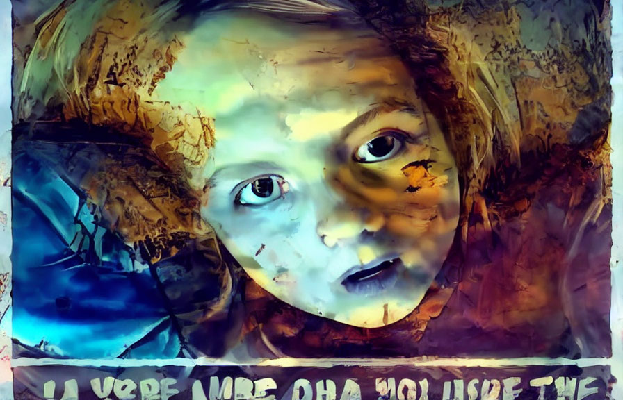 Abstract colorful digital portrait of a child with intense eyes and brushstroke effects