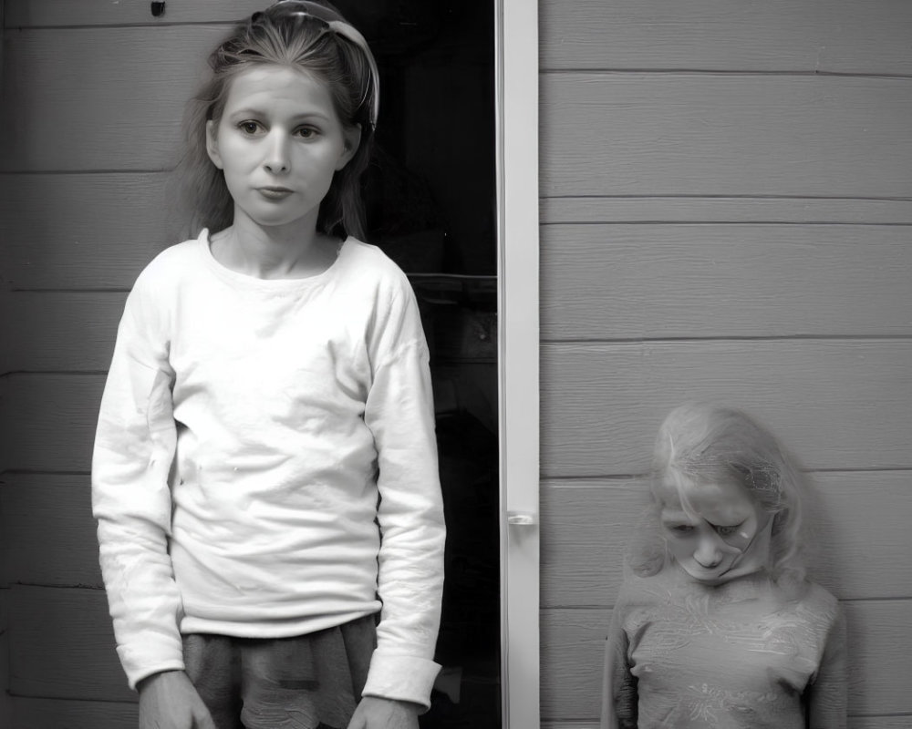 Monochrome photo of two young girls against wooden backdrop