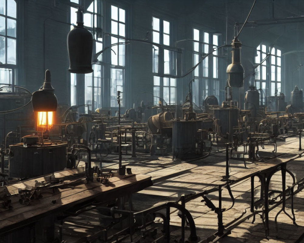 Industrial interior with tall windows and sunlight on metallic tanks and machinery.