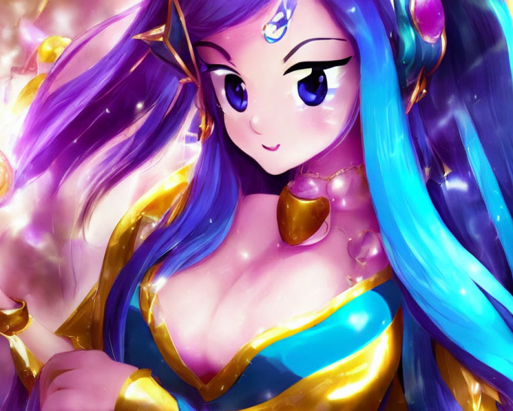 Illustration of Female Character with Blue Hair and Golden Jewelry