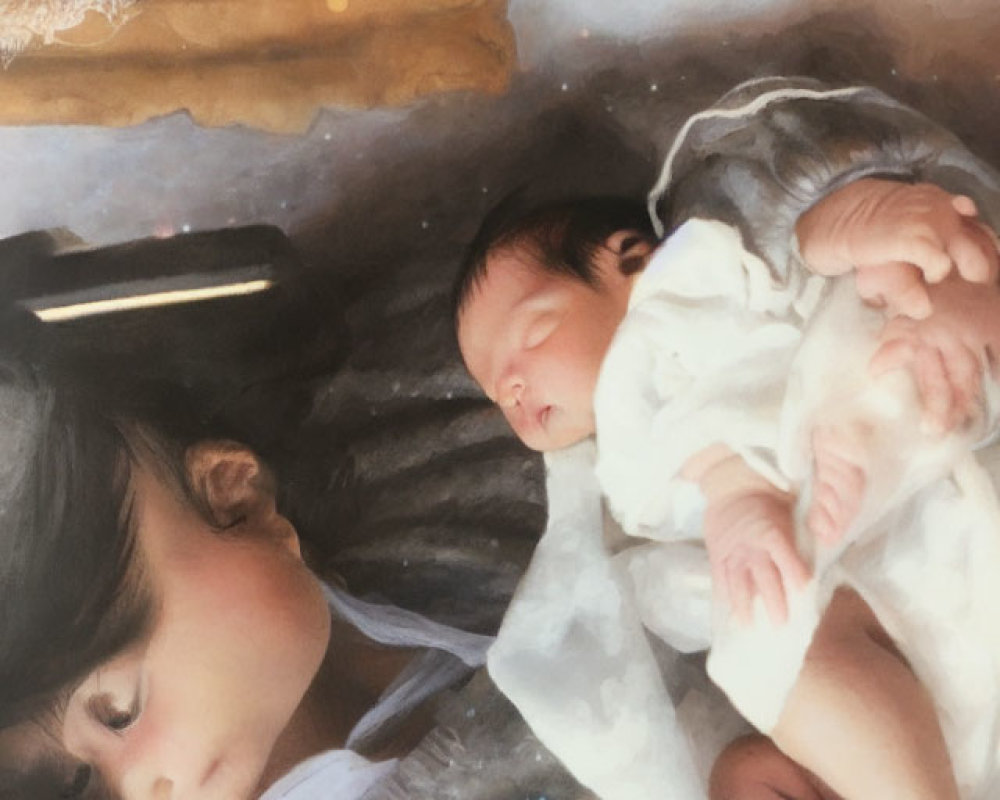 Tranquil scene: Older child guards sleeping newborn