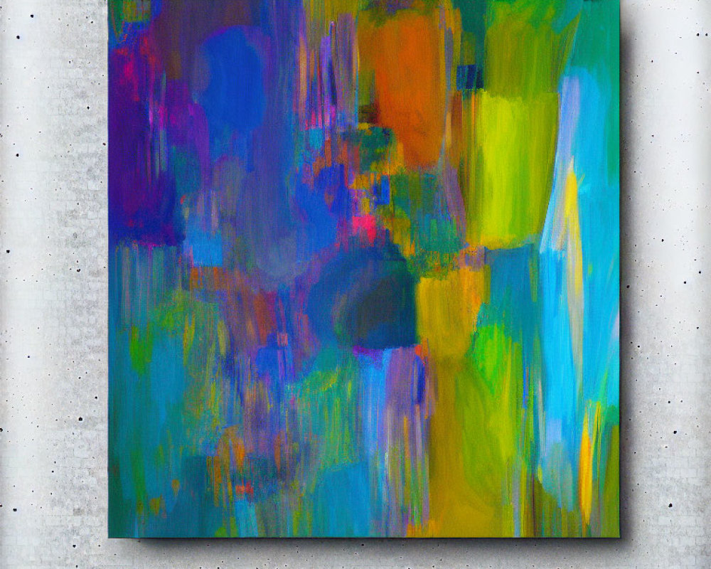 Vibrant abstract painting with blue, green, purple, and orange hues on white brick wall