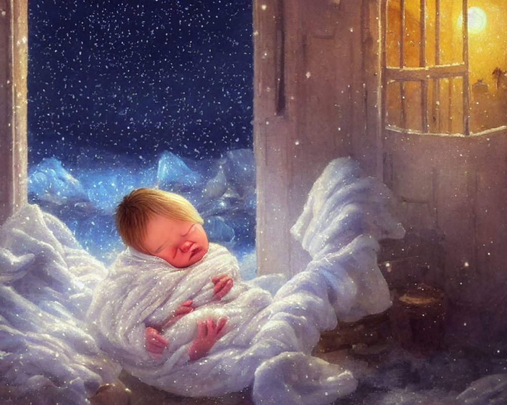 Infant in white blanket on snowy doorstep at night