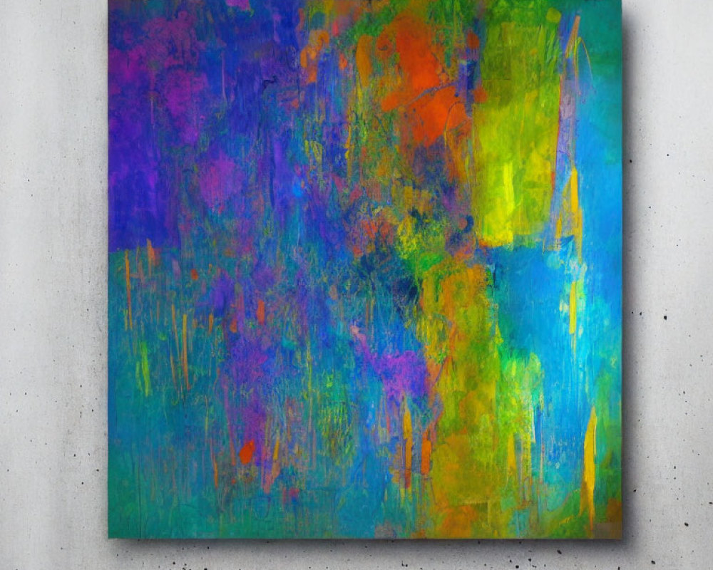 Colorful Abstract Painting Featuring Blue, Purple, Orange, and Green Hues