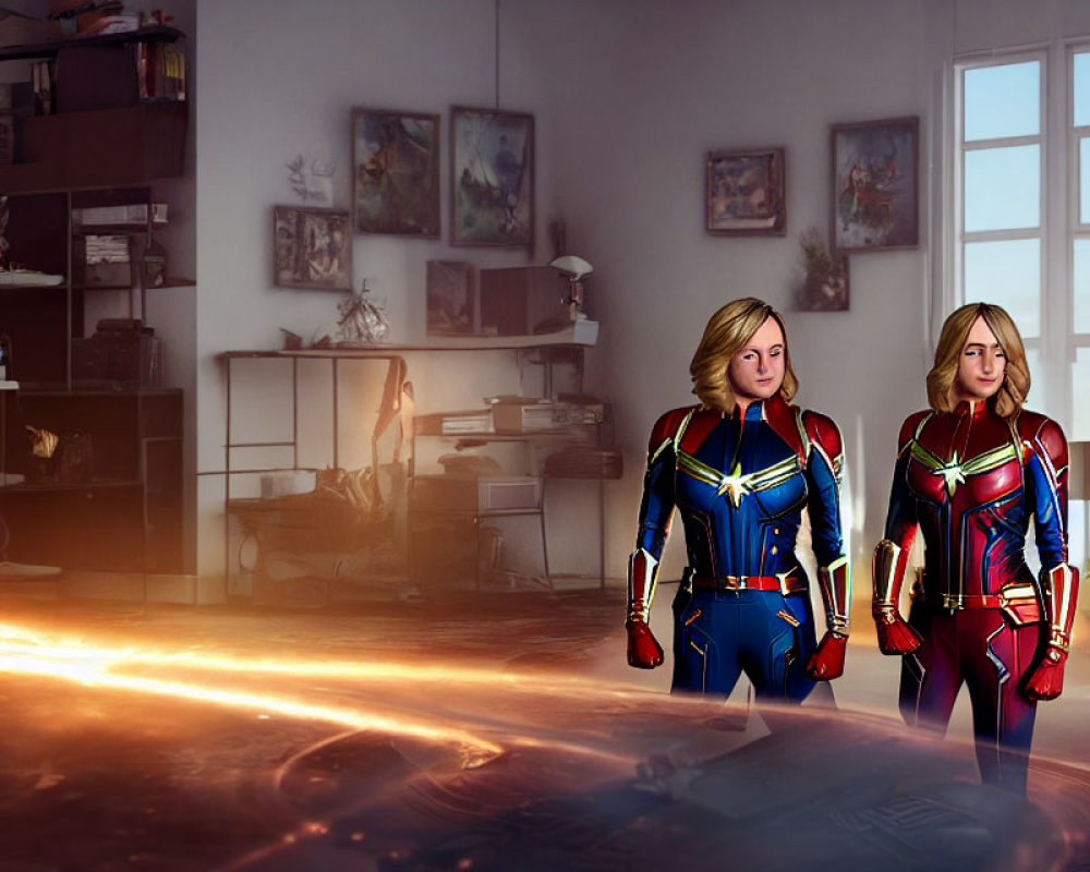 Two superhero figures in Captain Marvel-style costumes pose in a room with posters under warm light.