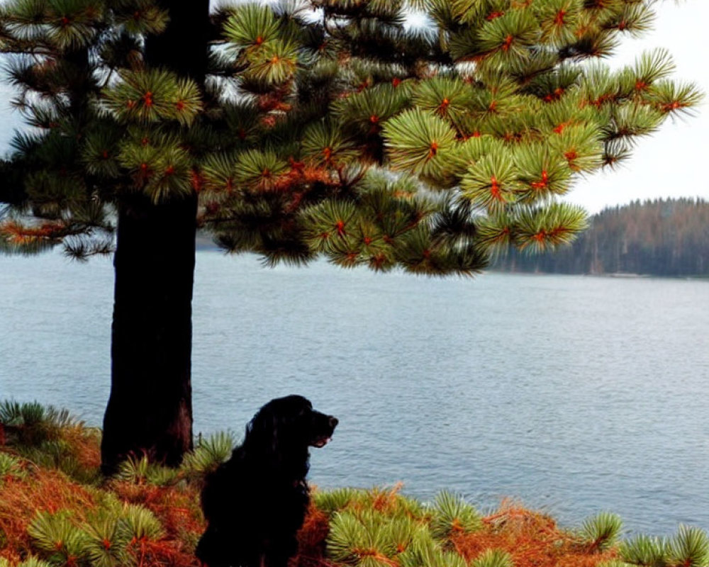 Black Dog Resting Under Pine Tree by Serene Lake