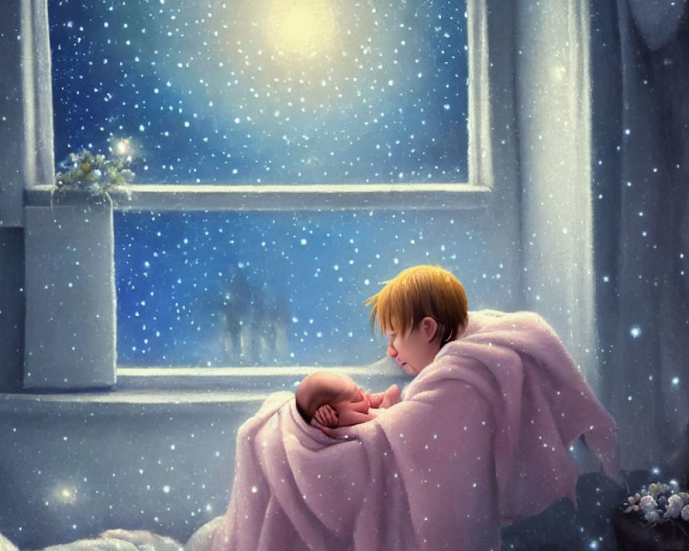 Child holding infant in pink blanket by frosty window with snowflakes.