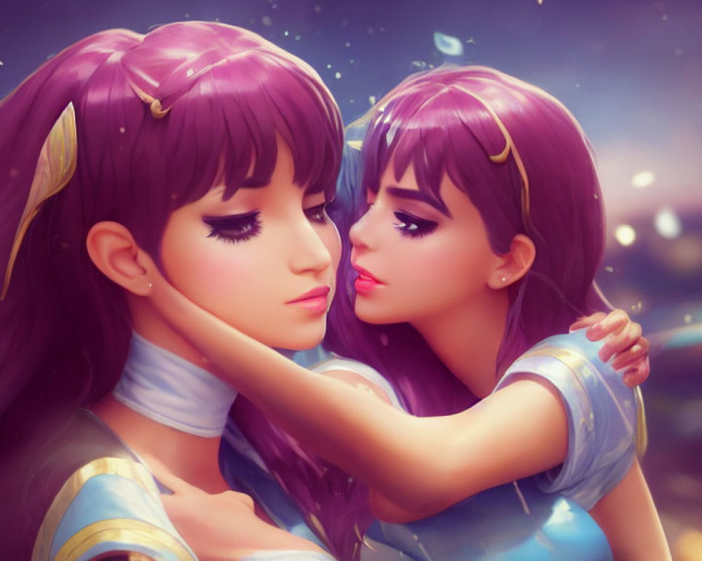 Purple-haired and blue-clad animated characters embrace under a starry sky