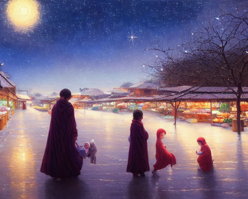 Robed Figures and Children Walking to Night Market Under Starry Sky