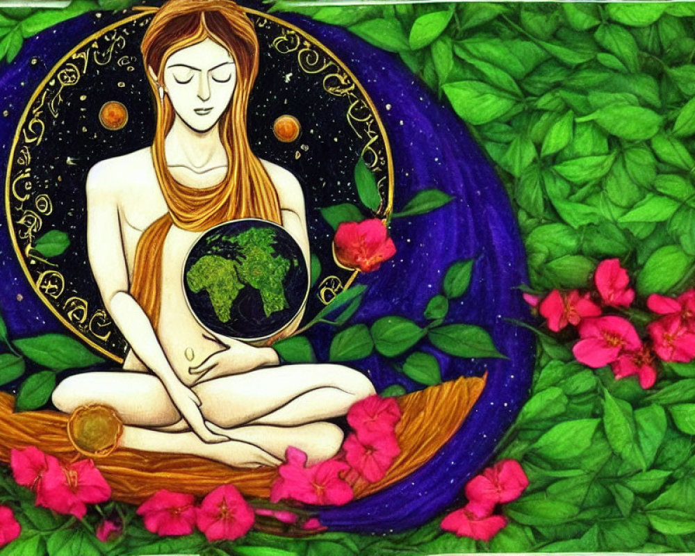 Illustration of meditative figure holding Earth surrounded by stars, leaves, and flowers