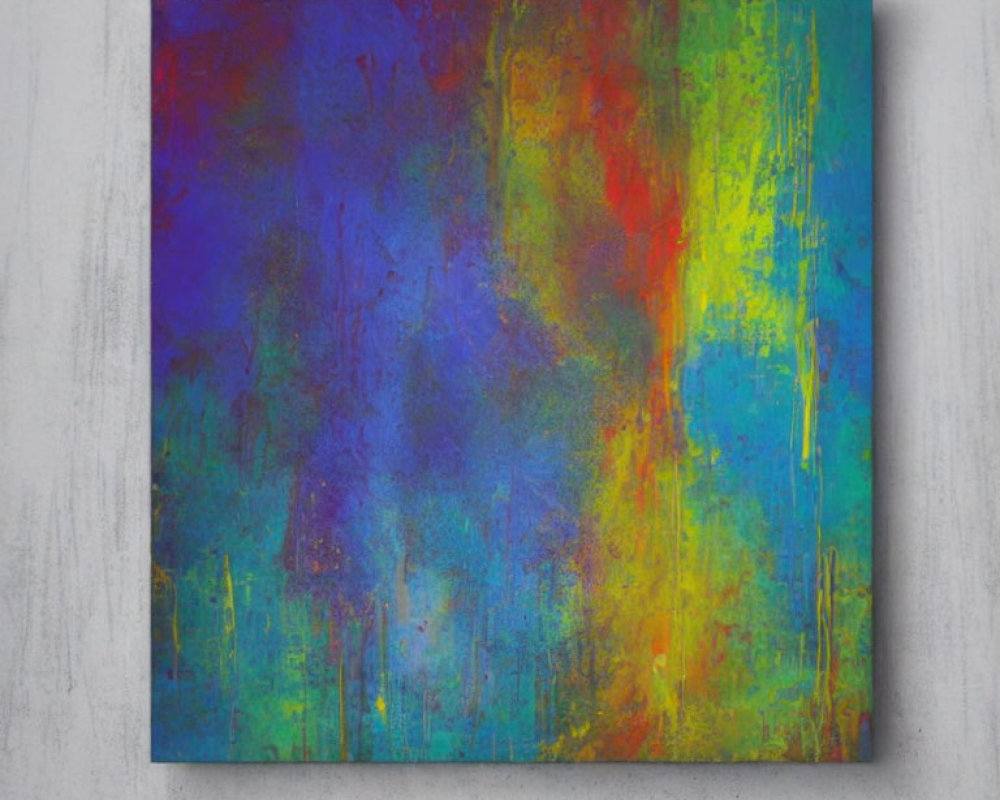 Vibrant Abstract Painting in Blues, Greens, Yellows, and Purples