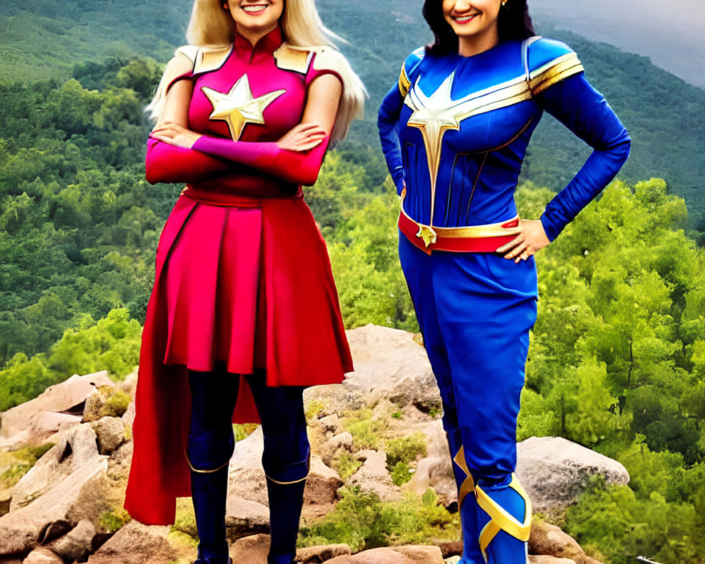 Superhero Costumes Resembling Captain Marvel on Rocky Terrain