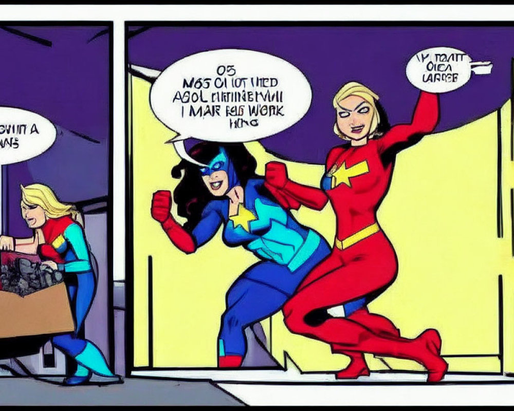 Female superheroes exiting through smashed wall with determined expressions and speech bubbles.