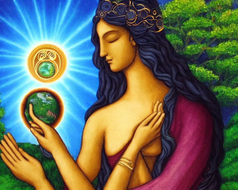 Stylized painting of woman with blue crown holding radiant orb in lush forest