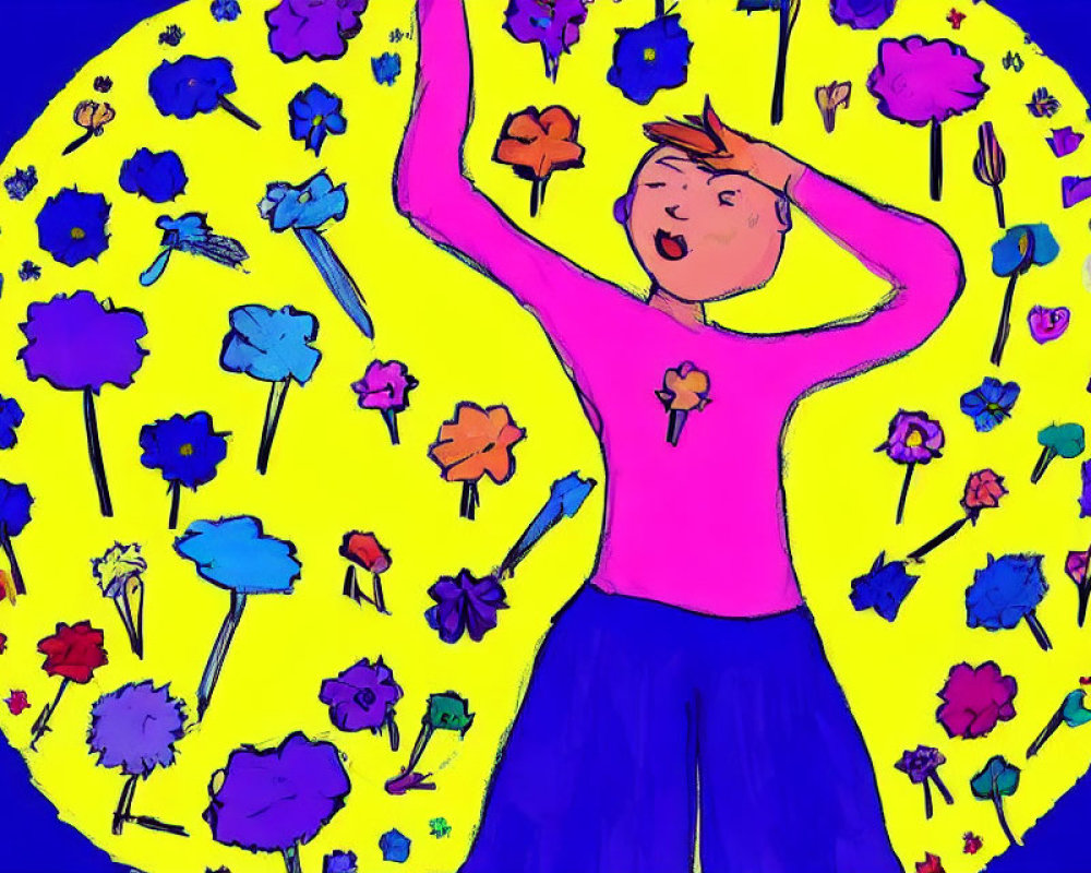 Colorful Childlike Drawing: Joyful Figure Surrounded by Flowers