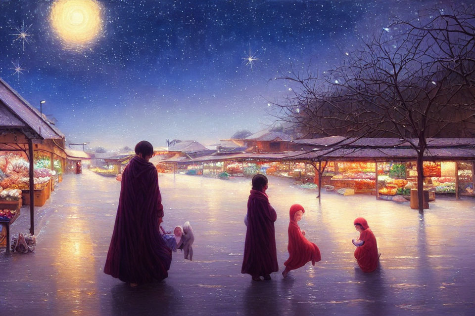 Robed Figures and Children Walking to Night Market Under Starry Sky