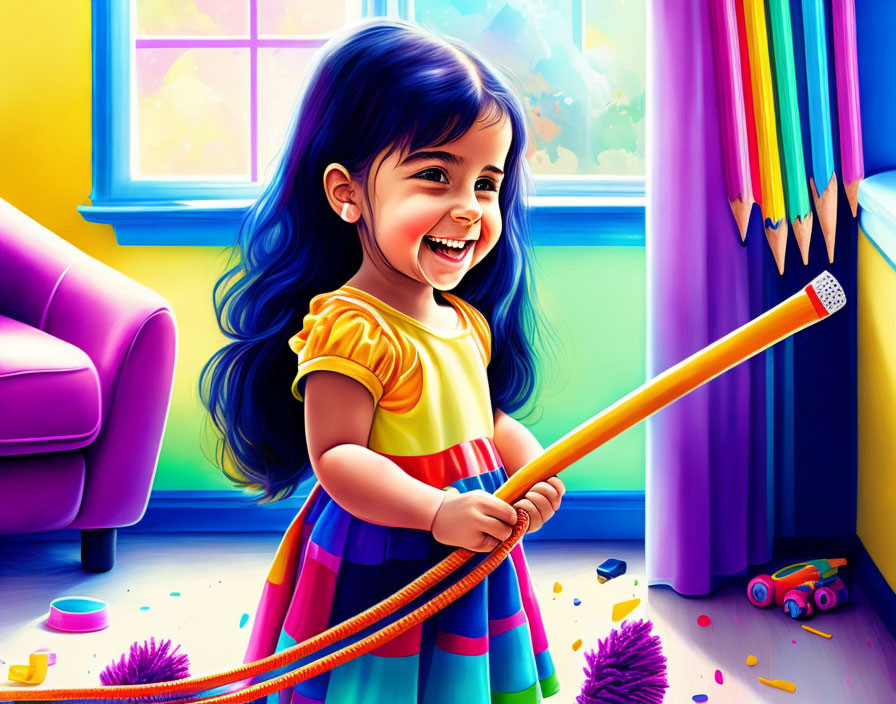 Young girl with blue hair in striped dress holding giant pencil in colorful room