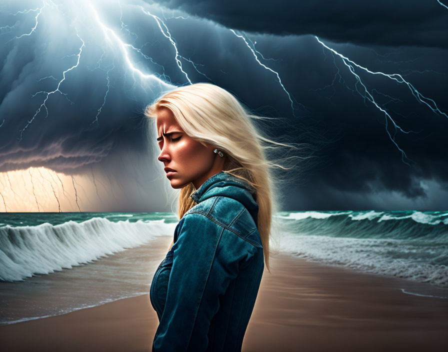 Blonde woman in denim jacket on stormy beach