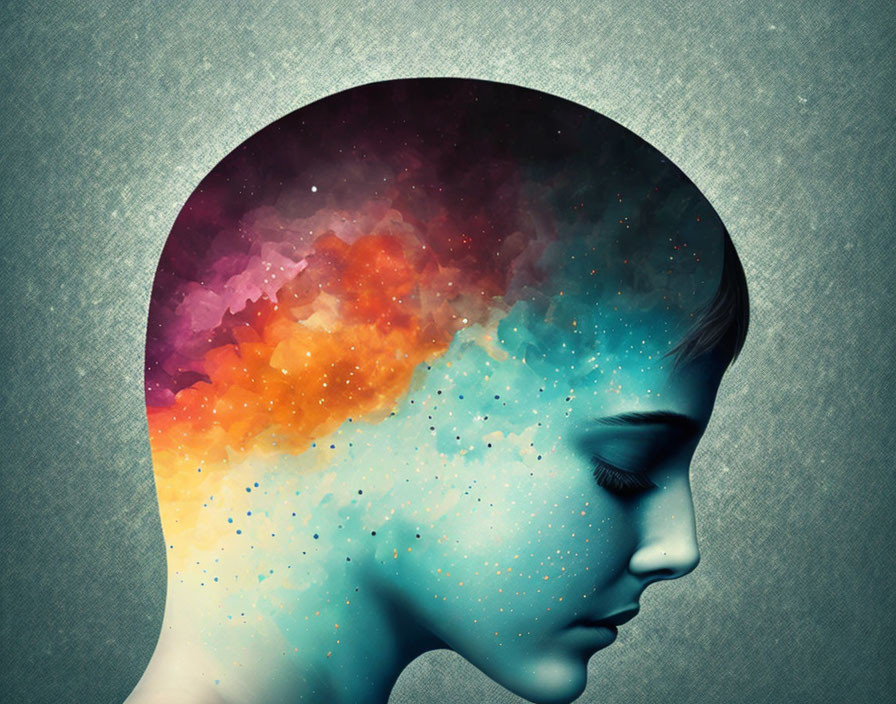 Person's profile with cosmic galaxy symbolizing imagination.