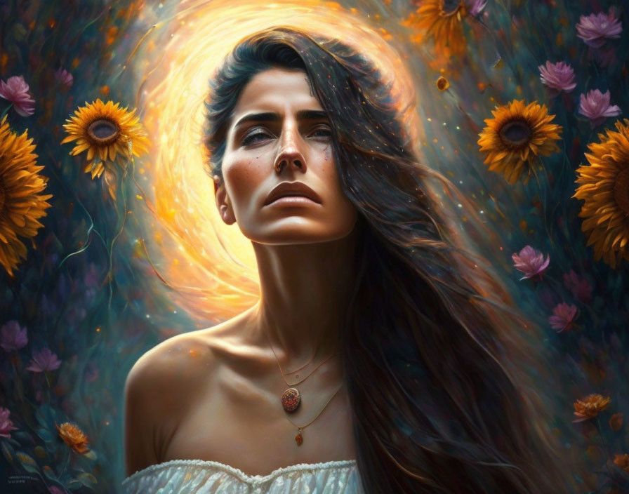 Woman with flowing hair in halo of light, surrounded by sunflowers and purple flowers